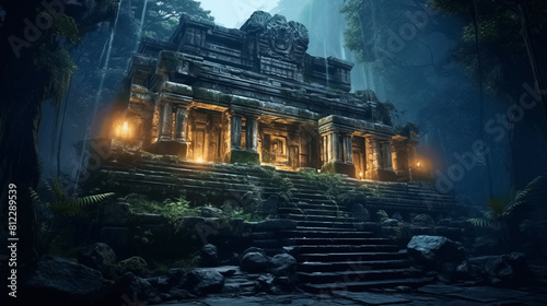 Fantasy temple in tropical forest at night, old building ruins in jungle, Surreal mystical fantasy artwork photo