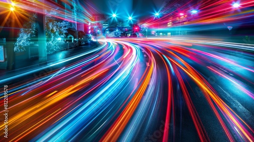 Vehicle headlight streaks creating a motion blur effect on a metropolitan roadway at night. Road with colored lines and a long exposure effect.