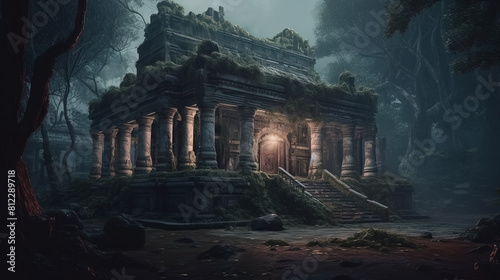 Temple in fantasy forest at night, old ruins and magic light, Surreal mystical fantasy artwork photo