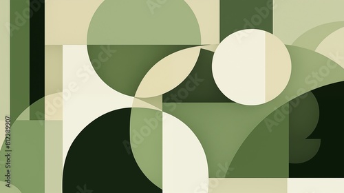 Abstract geometric green pattern art with overlapping circles and rectangles in pastel shades. photo