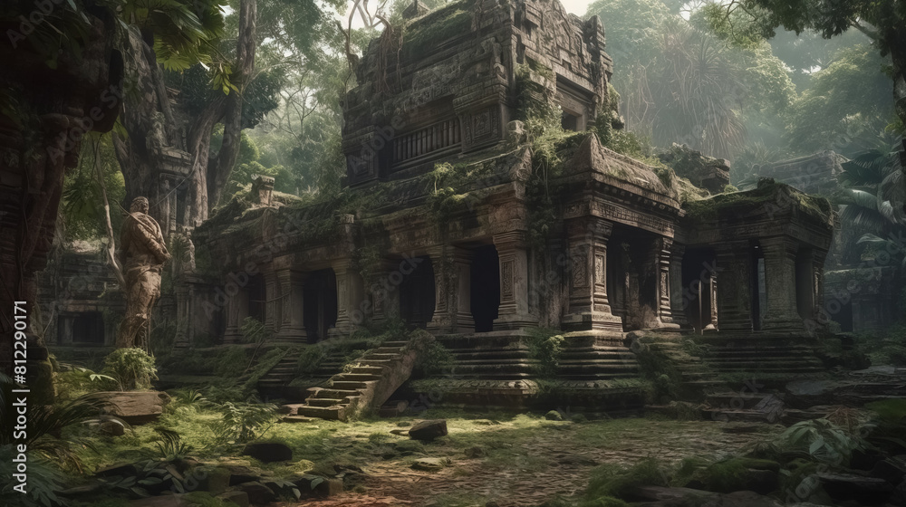 Old oriental temple ruins in jungle, ancient architecture, Surreal mystical fantasy artwork Old oriental temple ruins in jungle, ancient architecture, Surreal mystical fantasy artwork