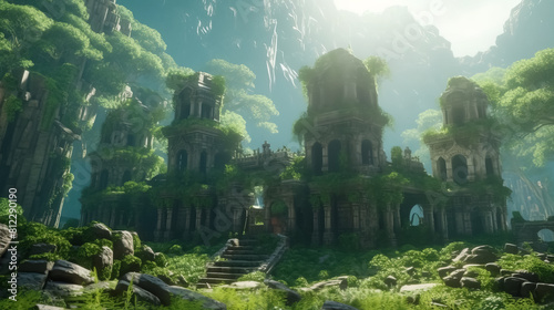 Temple ruins in fantasy mountains, old stone palace in jungle photo