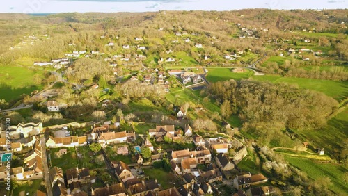 French countryside drone flyover at golden hour in Domme France