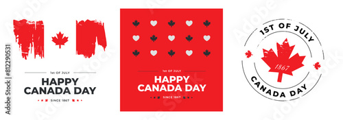 Happy Canada Day card set. Modern design. Silhouettes of maple leaves. Map of Canada with heart. Brush stroke. Square social media post design template. Simple trendy minimalistic geometrical style photo