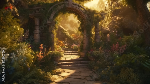 Archway in an enchanted fairy garden landscape