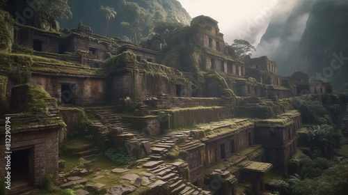 Inca city ruins in mountains, old stone temples and houses in jungle photo