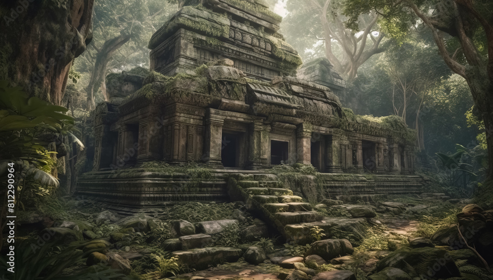 Old oriental temple ruins in jungle, ancient architecture, Surreal mystical fantasy artwork Old oriental temple ruins in jungle, ancient architecture, Surreal mystical fantasy artwork