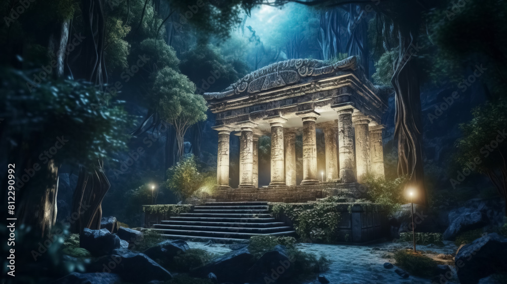 Temple in fantasy forest at night, old ruins and magic light, Surreal mystical fantasy artwork Temple in fantasy forest at night, old ruins and magic light, Surreal mystical fantasy artwork
