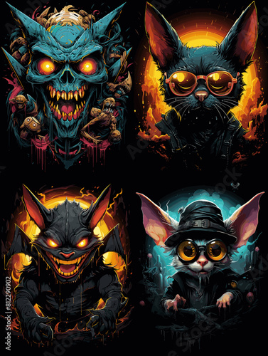 Dark fantasy bat creatures and gothic cats with glowing eyes, eerie expressions, and sinister aesthetics. A surreal and horror-inspired illustration blending mystery and supernatural elements.

