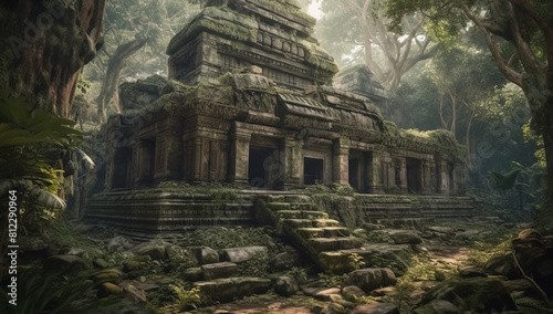 Old oriental temple ruins in jungle, ancient architecture, Surreal mystical fantasy artwork