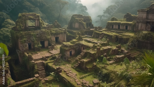 Inca city ruins in mountains, old stone temples and houses in jungle