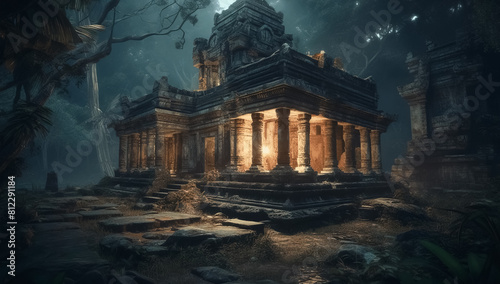 Fantasy temple in tropical forest at night, old building ruins in jungle, Surreal mystical fantasy artwork