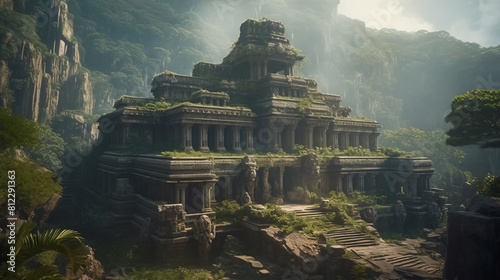 Temple ruins in fantasy mountains, old stone palace in jungle