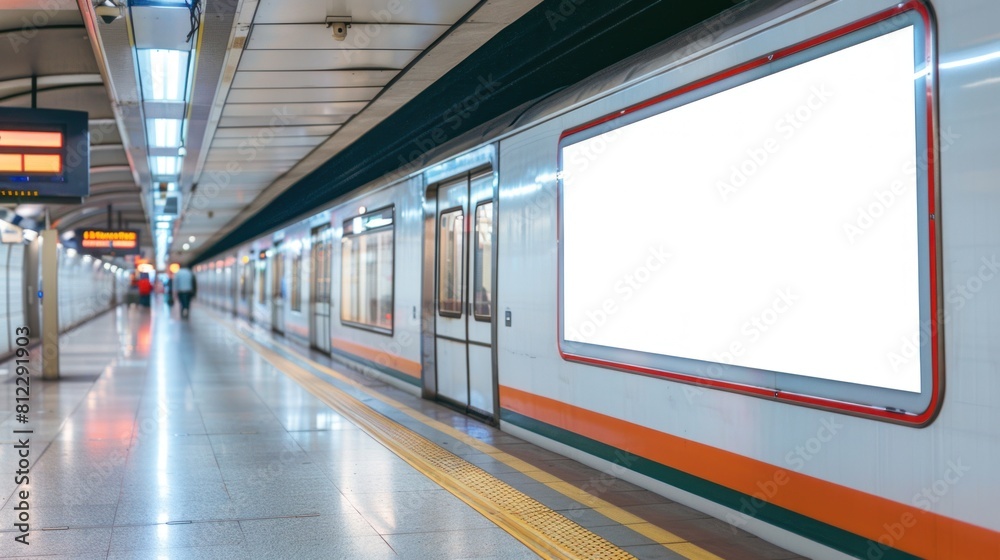 blank advertising billboard or light box showcase on wall inside subway train at station, copy space for your text message or media content, advertisement, commercial