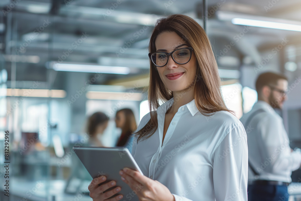 Confident female professional in a white blouse and glasses uses a digital tablet, with colleagues softly blurred in the background of a modern, well-lit office space Confident female professional in a white blouse and glasses uses a digital tablet, with colleagues softly blurred in the background of a modern, well-lit office space