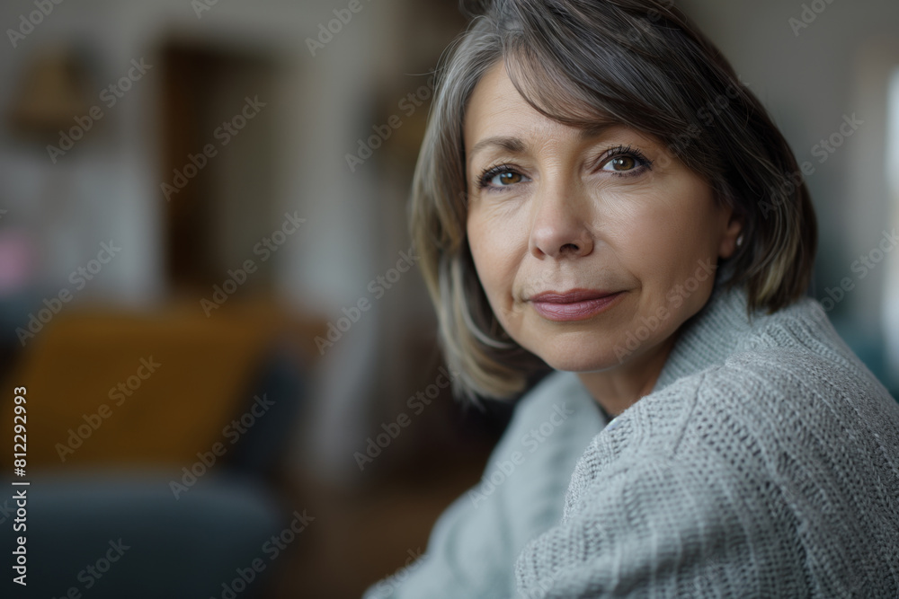 Portrait of a calm middle-aged woman with a gentle expression, sitting in her cozy living room that emanates a peaceful and comfortable atmosphere Portrait of a calm middle-aged woman with a gentle expression, sitting in her cozy living room that emanates a peaceful and comfortable atmosphere