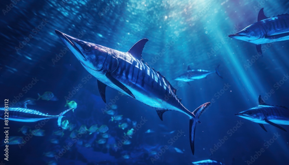 Obraz premium Giant Marlin fish in the ocean, beautiful view of marlin fish in the blue ocean