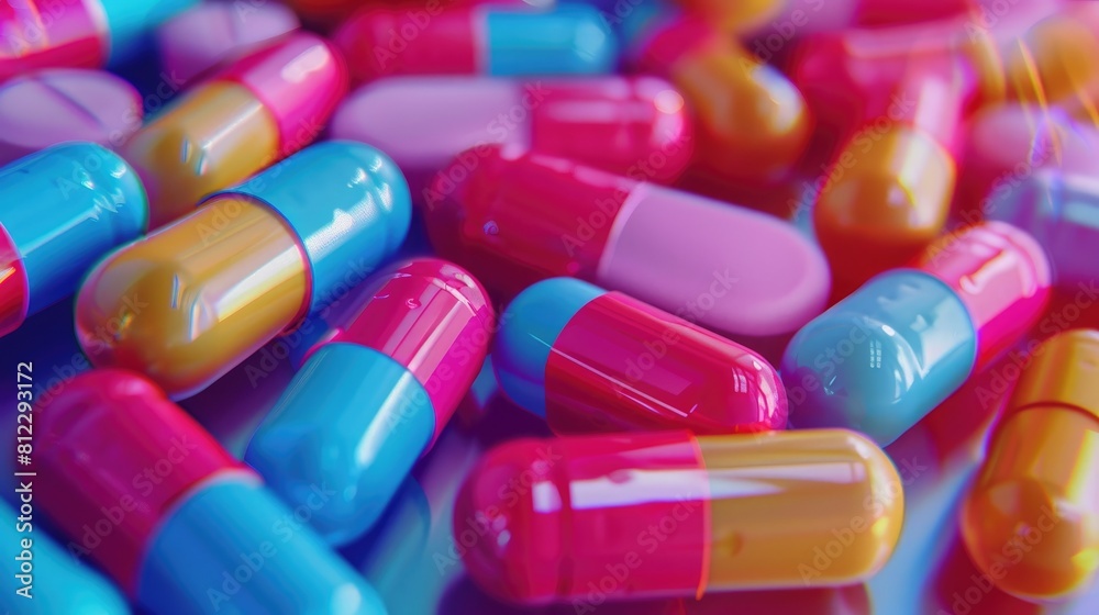 Close up macro shot of large dual colored medication pills Close up macro shot of large dual colored medication pills