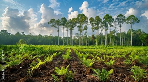 Exhibit a rainforest recovery area where previously cleared land is being replanted and restored to preserve its natural ecosystem photo