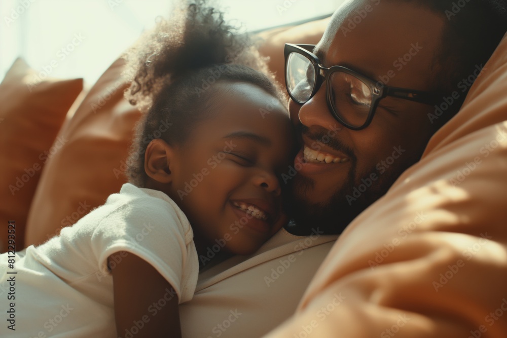 Heartwarming image capturing an affectionate embrace between a smiling father with glasses and his young daughter, sharing a joyous moment together on a cozy, sunlit bed Heartwarming image capturing an affectionate embrace between a smiling father with glasses and his young daughter, sharing a joyous moment together on a cozy, sunlit bed