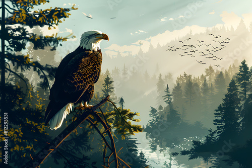 Iconic Bald Eagle Amidst Scenic American Forest Landscape: A Tryst With Nature's Grandeur photo