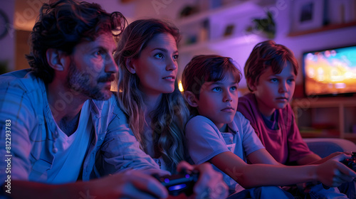Happy Family Bonding Over Video Games Photo Realistic Concept of Multiplayer Gaming Evening
