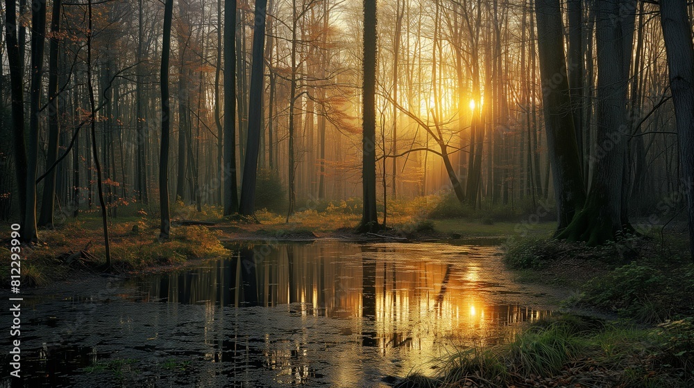 Sun Shining Through Trees in Forest Sun Shining Through Trees in Forest
