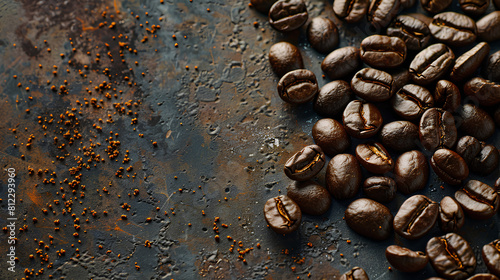 A cluster of coffee beans on a textured surface, with a blank area beside it