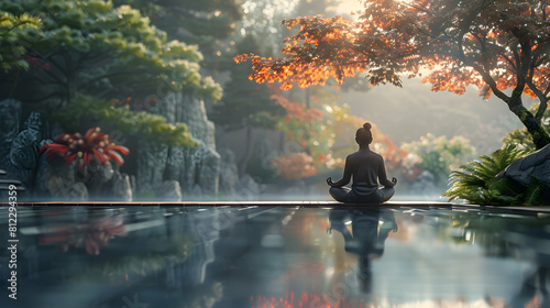 Serene Image of Mindfulness Meditation Practitioner Embracing Mental Clarity in Tranquil Environment © Gohgah