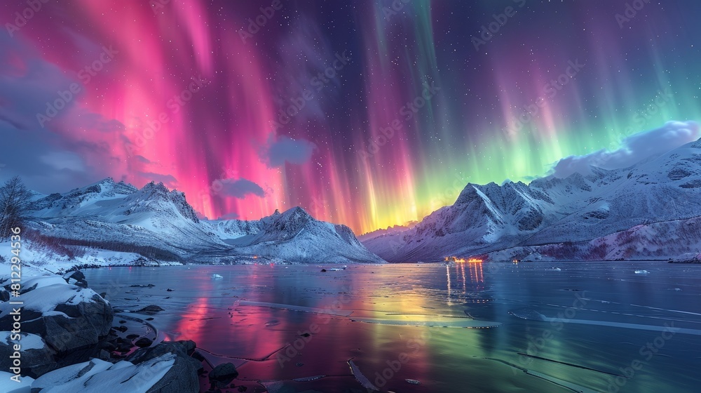 Naklejka premium A beautiful snowy mountain landscape with the night sky lit up with the Aurora Borealis. 