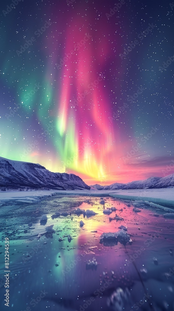 Naklejka premium A beautiful snowy mountain landscape with the night sky lit up with the Aurora Borealis. 