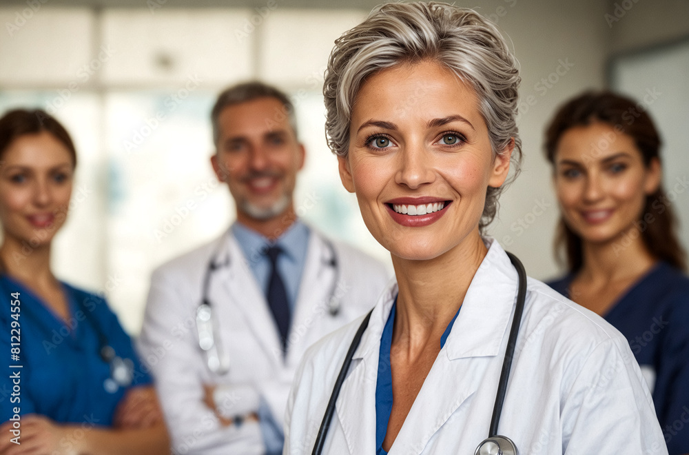 A female doctor with her teammates at the hospital. A female doctor with her teammates at the hospital.