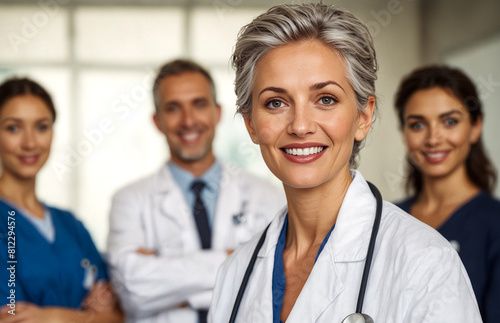 A female doctor with her teammates at the hospital.