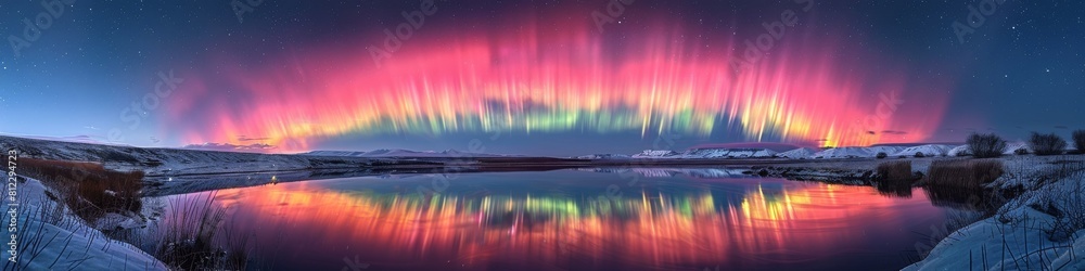 A beautiful snowy mountain landscape with the night sky lit up with the Aurora Borealis. 