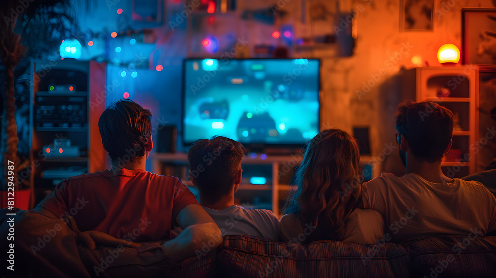 Friends unite for retro gaming night, reliving nostalgic moments with classic video games   Photo realistic as Retro Gaming Night concept in Photo Stock