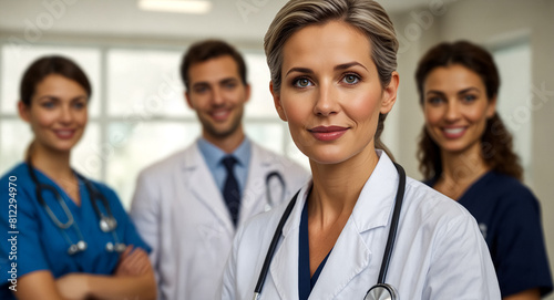 A female doctor with her teammates at the hospital.