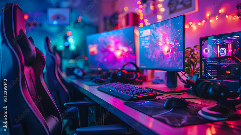 Gaming influencers showcase their streaming setups and gear offering insights into their gaming lifestyle Photo realistic Streamers Gaming Gear Showcase concept Gaming influencers showcase their streaming setups and gear offering insights into their gaming lifestyle Photo realistic Streamers Gaming Gear Showcase concept