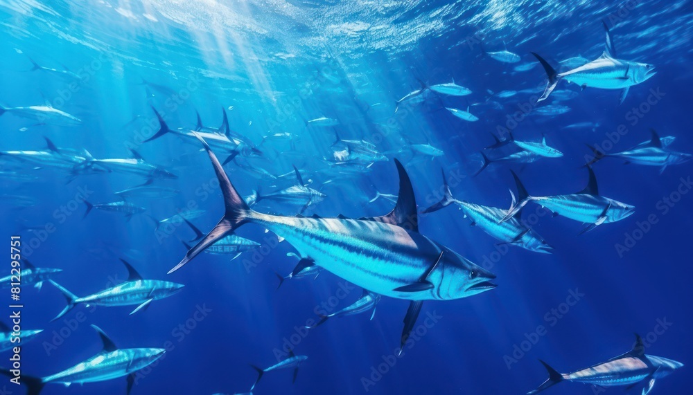 Obraz premium Giant Marlin fish in the ocean, beautiful view of marlin fish in the blue ocean