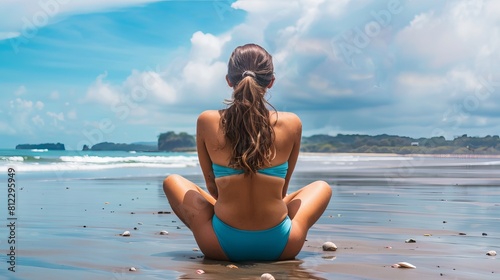 Back view of a young lady vacationer in a blue bikini sitting on a sandy beach in Tamarindo, Costa Rica, enjoying her summer vacation with seashells on her back.