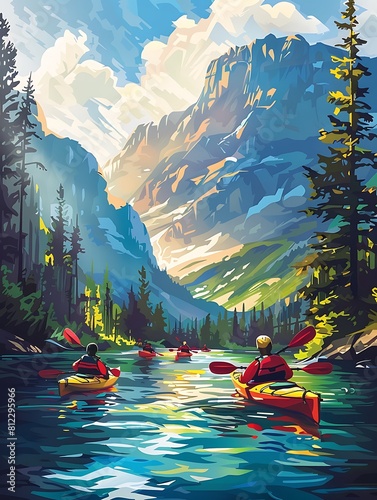 A group of people are kayaking down a river in the mountains