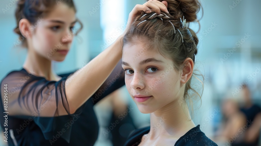 Dance student's hair being tied by a ballet dancer Dance student's hair being tied by a ballet dancer