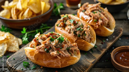 Canned tuna fish in barbecue sauce on buns with potato chips. photo