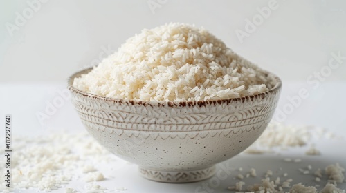 Beaten rice in a bowl captured in close up on a white background photo