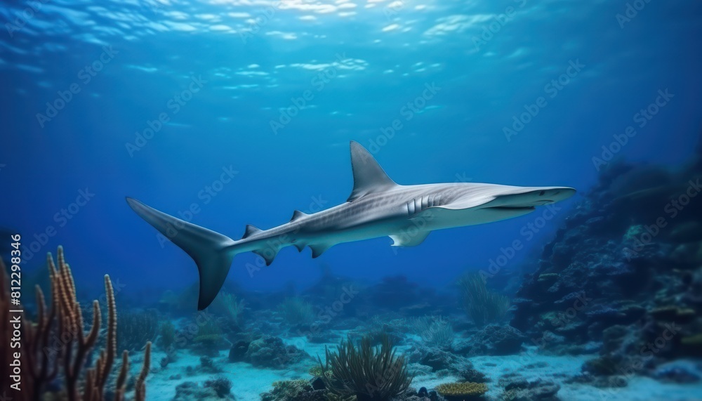 The Giant Sharks in the ocean, portrait of Shark hunting prey in the underwater The Giant Sharks in the ocean, portrait of Shark hunting prey in the underwater