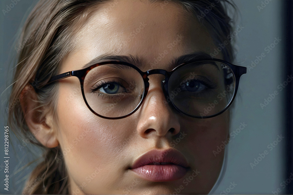 Extreme Close Up Woman Brown Hair Blue Eyes Wearing Dark Glasses Grey Bokeh Background Extreme Close Up Woman Brown Hair Blue Eyes Wearing Dark Glasses Grey Bokeh Background