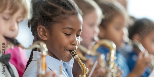 Young girl concentrated on playing her saxophone among other child musicians in a music class photo