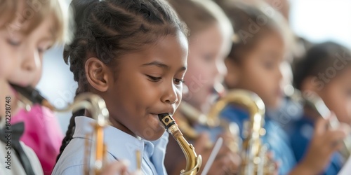 Young girl concentrated on playing her saxophone among other child musicians in a music class