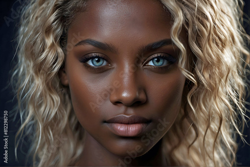 Extreme Close Up Nubien African American Woman Blond Hair Deep Blue Eyes Black Background