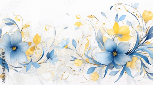 Elegant Blue and Yellow Floral Design on a White Background. © M.IVA