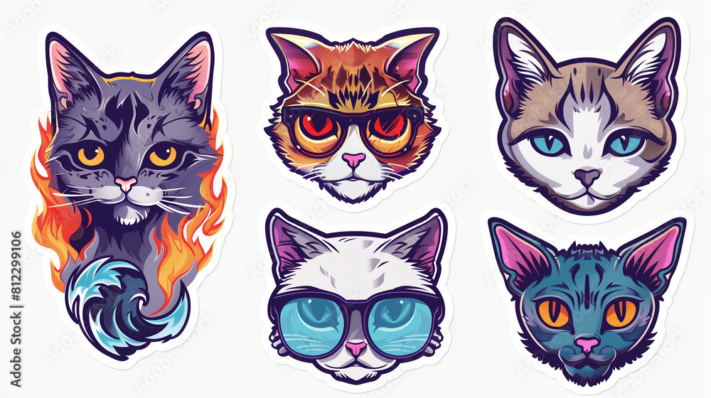 Cool cats. Set of stickers. Cute, funny, stylish kittens on a white background Cool cats. Set of stickers. Cute, funny, stylish kittens on a white background